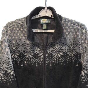 Cabelas Womens‎ Fleece Jacket Black Gray Snowflake Full Zip Outerwear XL VTG